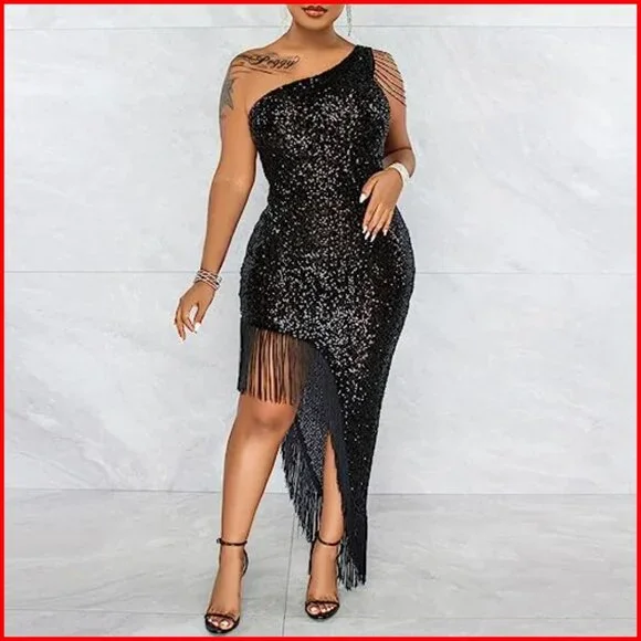 Sequin Mermaid Formal Dress One Shoulder Tassels Polyester Spandex Midi - Picture 2 of 7
